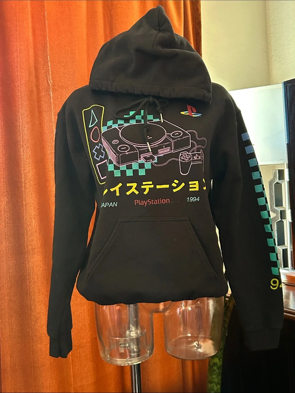 Sony Black Hoodie with Neon Retro PlayStation Console Artwork